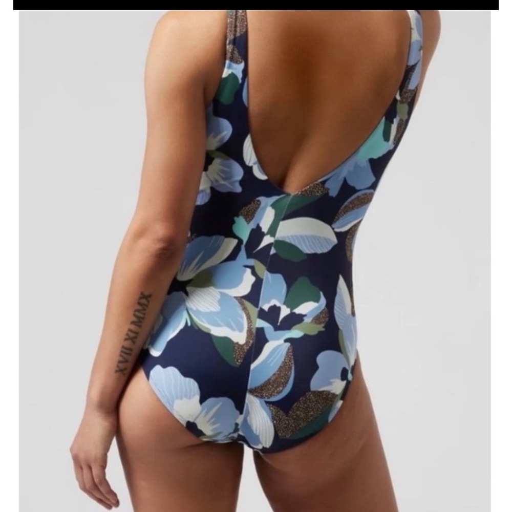 Athleta Seychelles One Piece Swimsuit Hero Bloom Blue Floral V-Neck Small - Picture 2 of 5